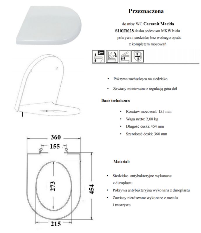 Toiletsæde Duroplast Antibakteriel 44x36 cm Hvid med Metalhængsler