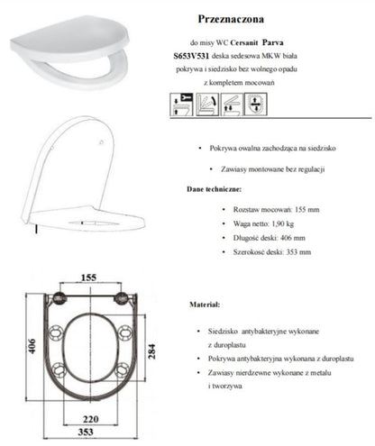 Toiletsæde til Cersanit Parva Hvid Antibakteriel 41 cm