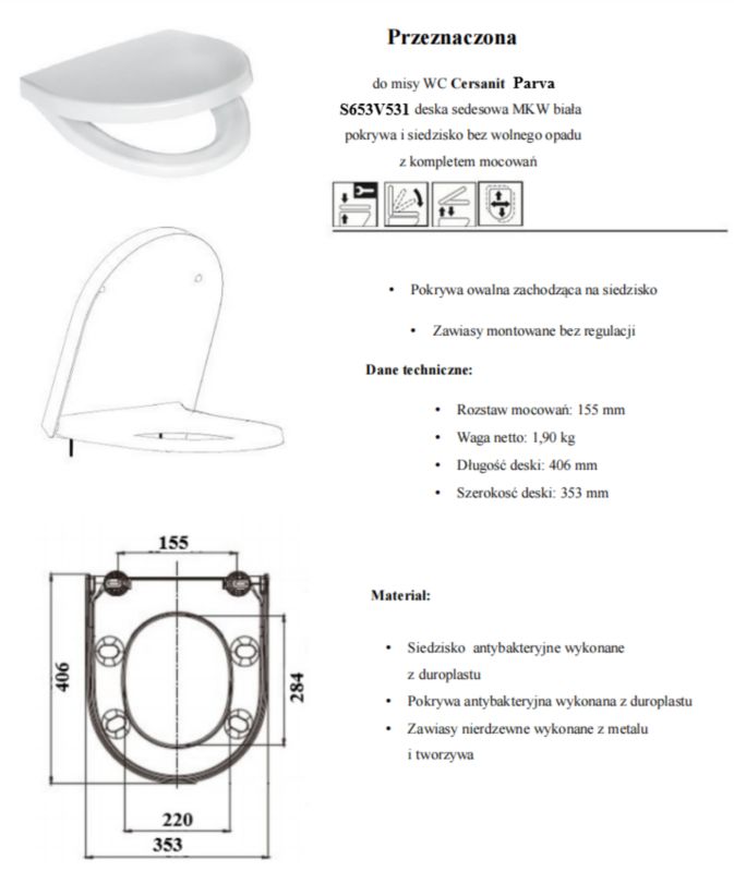 Toiletsæde til Cersanit Parva Hvid Antibakteriel 41 cm