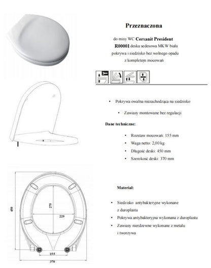 Toiletsæde Duroplast Antibakterielt Hvidt 45,1x37 cm 160 kg