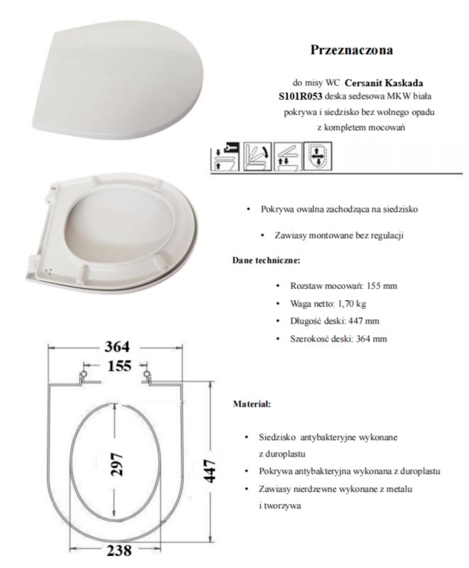 Toiletsæde Duroplast Antibakteriel 44,7x36,4 cm Hvid