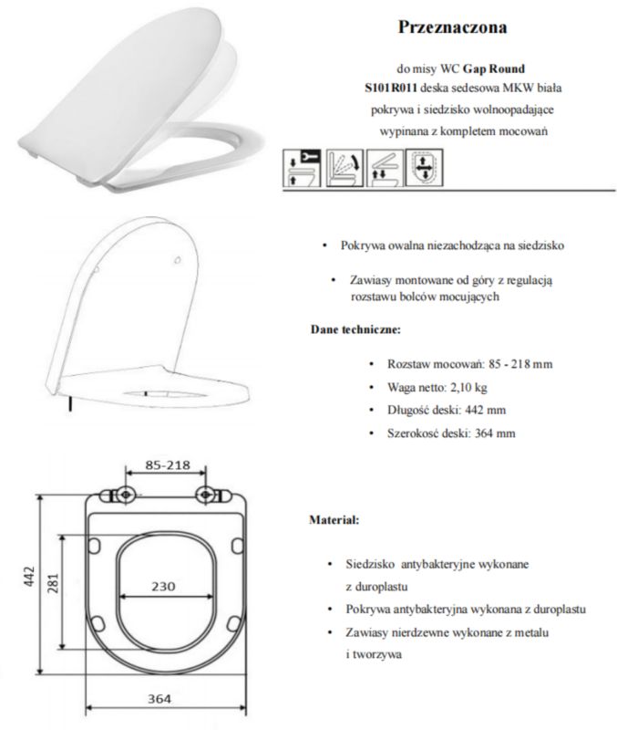 Toiletsæde Slim Soft Close Antibakteriel Hvid 442x364 mm