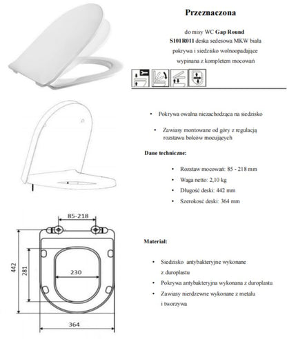 Toiletsæde Slim Soft Close Antibakteriel Hvid 442x364 mm