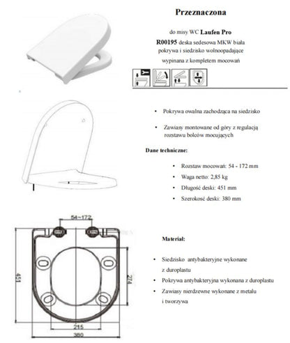 Toiletsæde MKW Laufen Pro Hvid Antibakteriel 45,1x38 cm