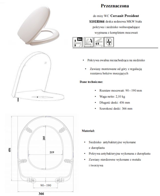 Toiletsæde MKW Soft Close til Cersanit President Væghængt Toilet Hvid 5903938510243