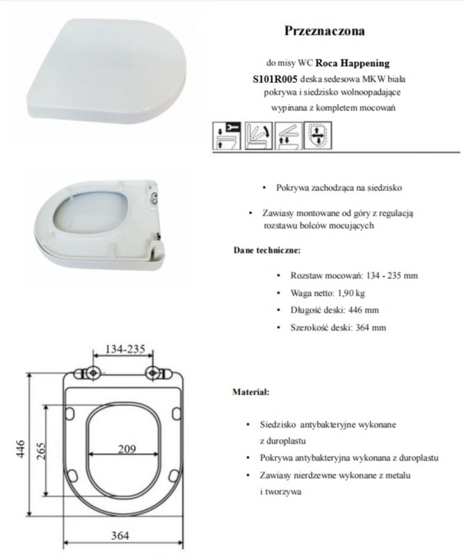 Toiletsæde med Soft Close til Roca Happening Hvid Duroplast 446 mm