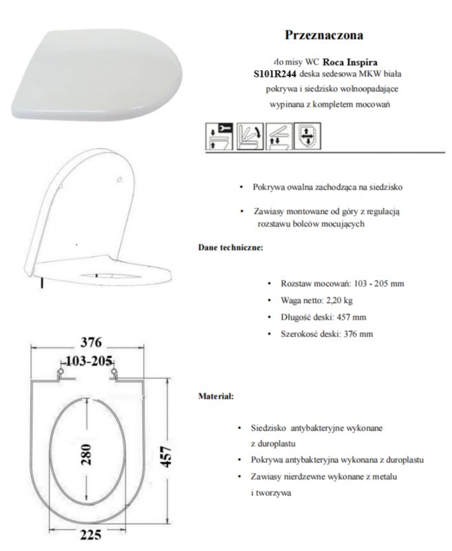 Toiletsæde med Soft Close til Roca Inspira Hvid Duroplast 5903938513640