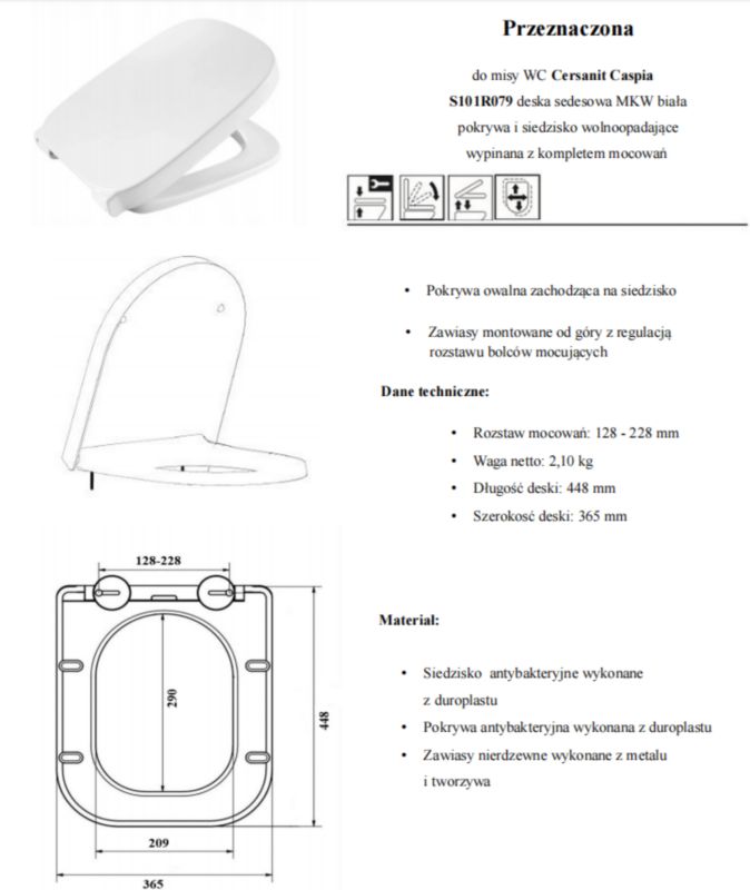 Toiletsæde Duroplast Hvid Antibakteriel Aftagelig 44,8 x 36,5 cm
