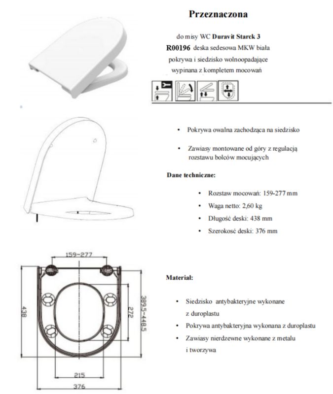 Toiletsæde MKW Slow-Close til Duravit Starck 3 Hvid 5903938514913