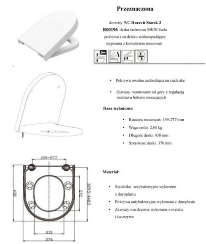 Toiletsæde MKW Slow-Close til Duravit Starck 3 Hvid 5903938514913