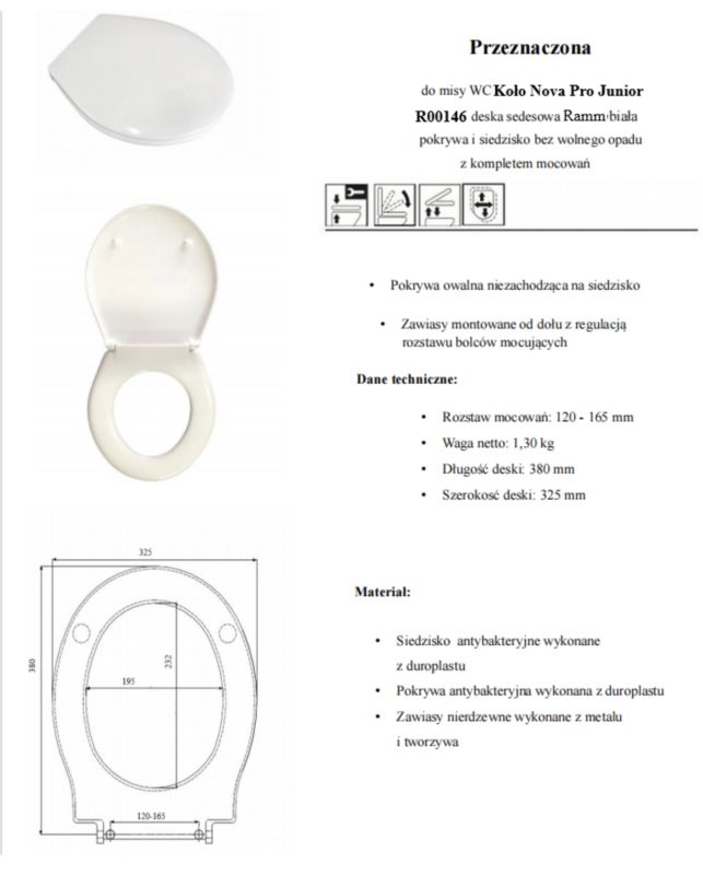 Toiletsæde Duroplast Antibakteriel Hvid 38x32,5 cm