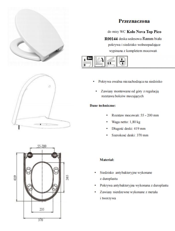 Toiletsæde med Soft Close Hvid Duroplast Antibakteriel 419x370 mm