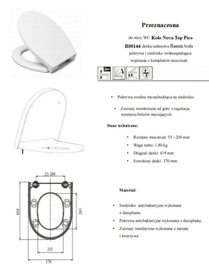 Toiletsæde med Soft Close Hvid Duroplast Antibakteriel 419x370 mm