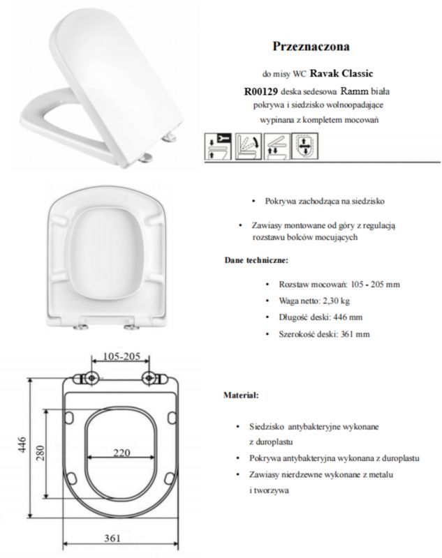 Toiletsæde med Soft Close til Ravak Classic Hvid Duroplast 5903938514234