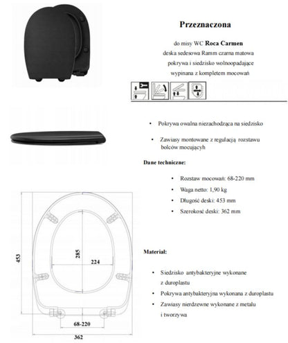 Toiletsæde Ramm til Roca Carmen Mat Sort 45 cm 5903938515453