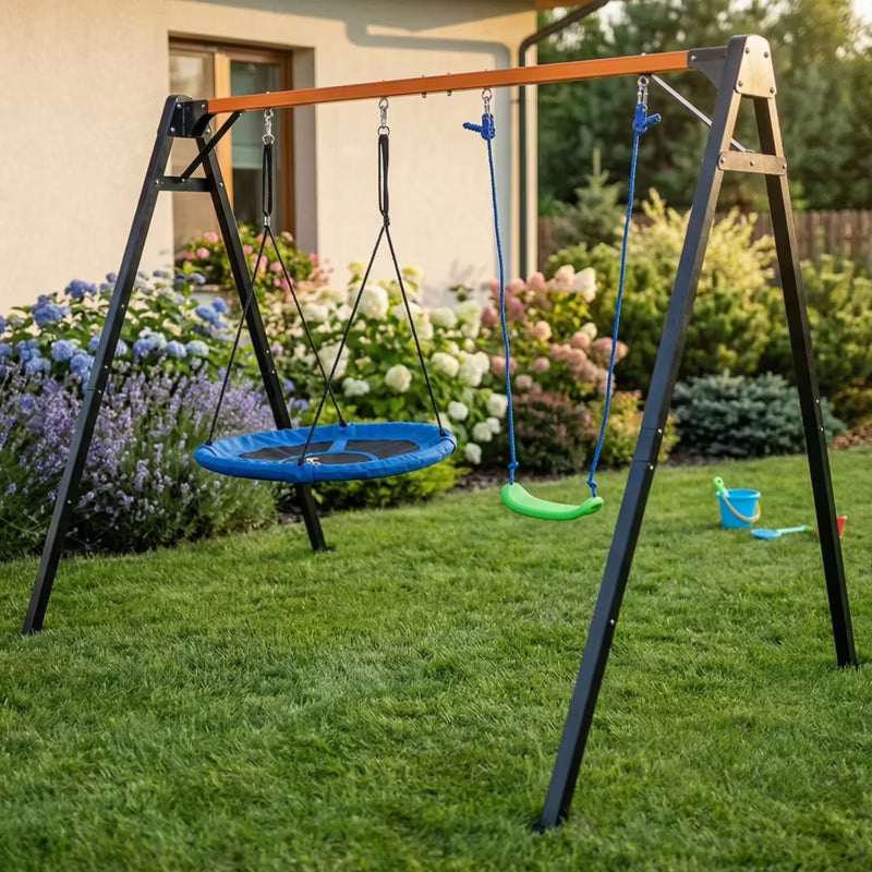 Dobbelt Gyngestativ 255x172x207 cm med Fugleredegynge Stål
