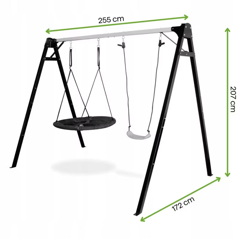 Dobbelt Gyngestativ 255x172x207 cm med Fugleredegynge Stål