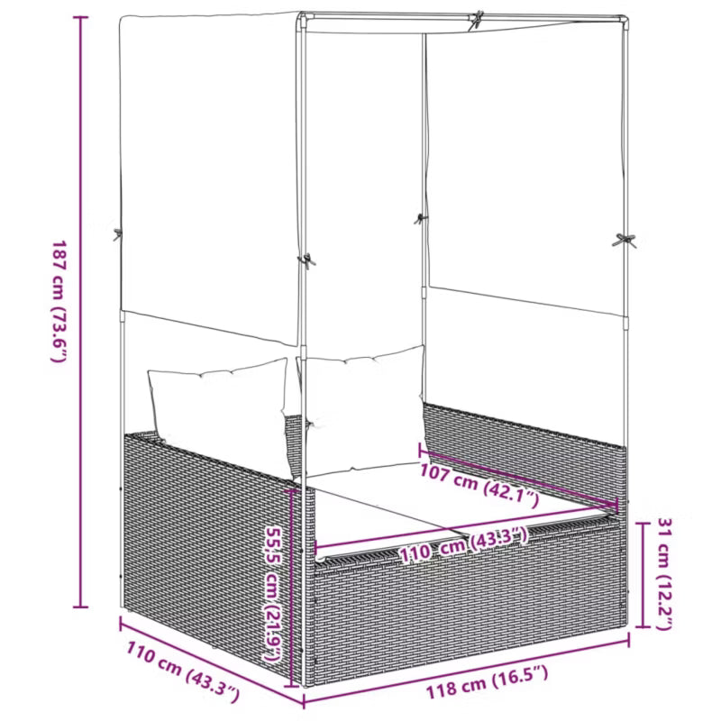 Havemøbel Dobbeltseng 118x110 cm Brun Polyethylen Rattan med Baldakin