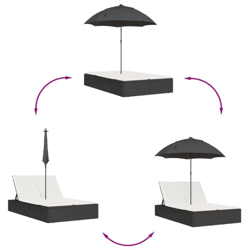 Dobbelt Solseng Poly倒rattan 200x164 cm Sort med Parasol