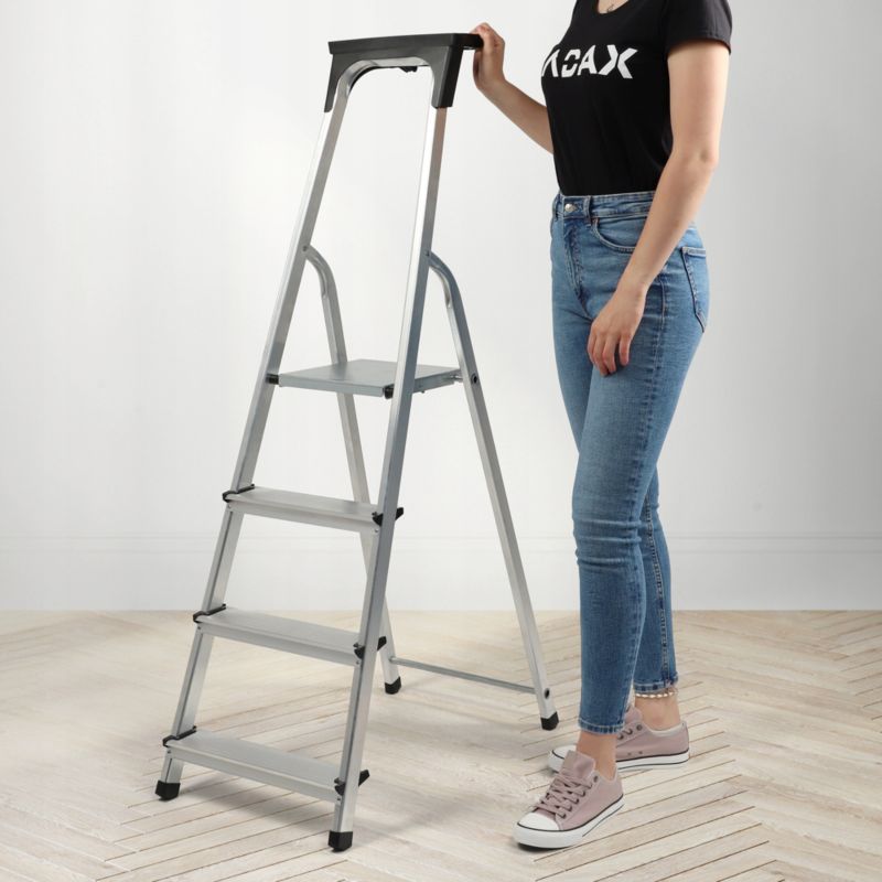 KADAX aluminiumsstige 4-trins foldbar med hylde til hjemmet, 125 kg, polsk produkt