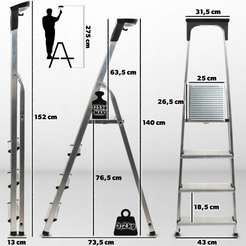 KADAX aluminiumsstige 4-trins foldbar med hylde til hjemmet, 125 kg, polsk produkt