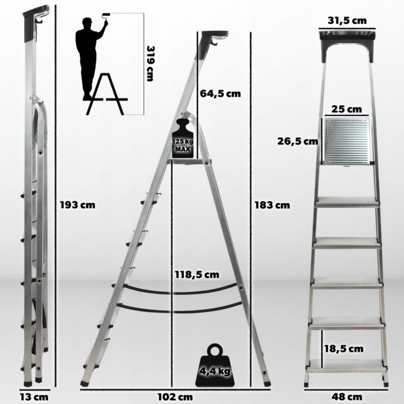 KADAX aluminiumsstige 6 trin foldbar til hjemmet med stærk hylde og krog, 125 kg