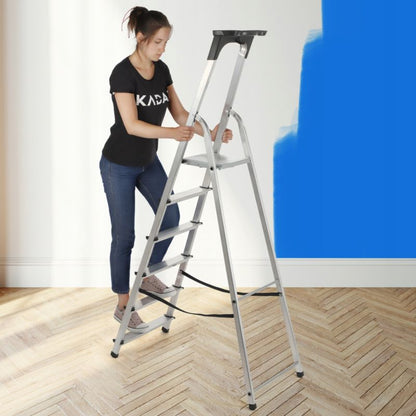 KADAX aluminiumsstige 6 trin foldbar til hjemmet med stærk hylde og krog, 125 kg