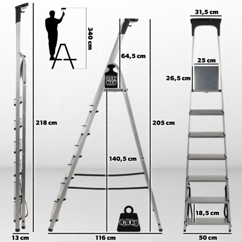 KADAX aluminiumsstige 7 trin foldbar med hylde til hjemmet 125 kg - Polsk produkt