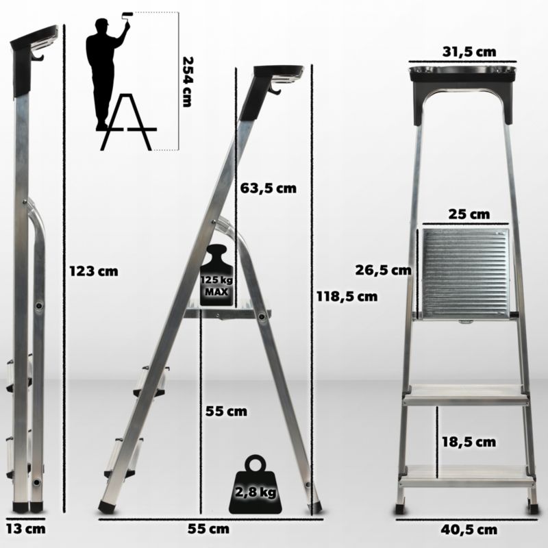 KADAX aluminiumsstige til hjemmet, 3 trin, foldbar med hylde, 125 kg, polsk produkt