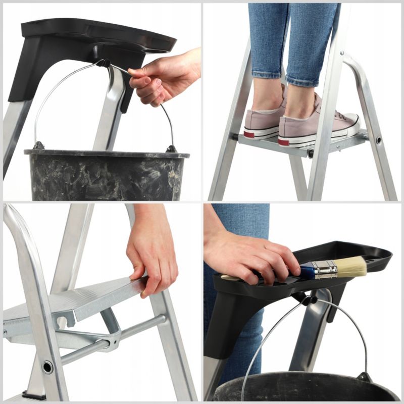 KADAX aluminiumsstige til hjemmet, 3 trin, foldbar med hylde, 125 kg, polsk produkt
