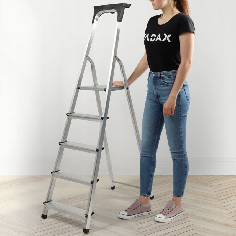 KADAX aluminiumsstige til hjemmet, 5 trin, sammenklappelig med hylde, 125 kg, polsk produkt