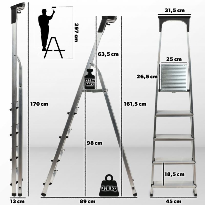KADAX aluminiumsstige til hjemmet, 5 trin, sammenklappelig med hylde, 125 kg, polsk produkt