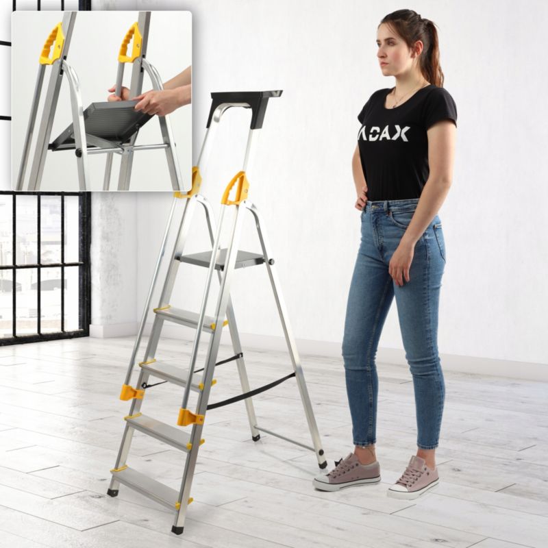 KADAX aluminiumsstige til hjemmet, 5 trin, foldbar med gelændere og krog