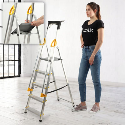 KADAX aluminiumsstige til hjemmet, 5 trin, foldbar med gelændere og krog