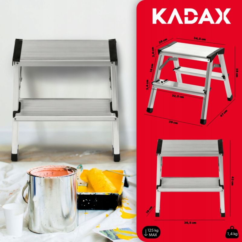 KADAX aluminiumsramme foldbar husholdningsstige med 2 trin og platform, 125 kg, polsk produkt