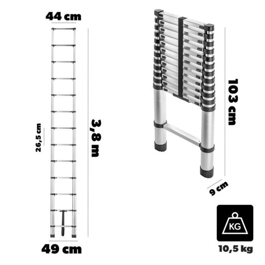 KADAX teleskopisk aluminiumsstige HOME 3,8 m med 13 trin, 1 stk.