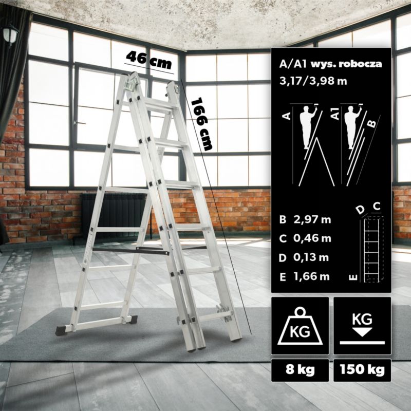KADAX multifunktionel aluminiumsstige 3x6 universal stærk 150 kg + krog