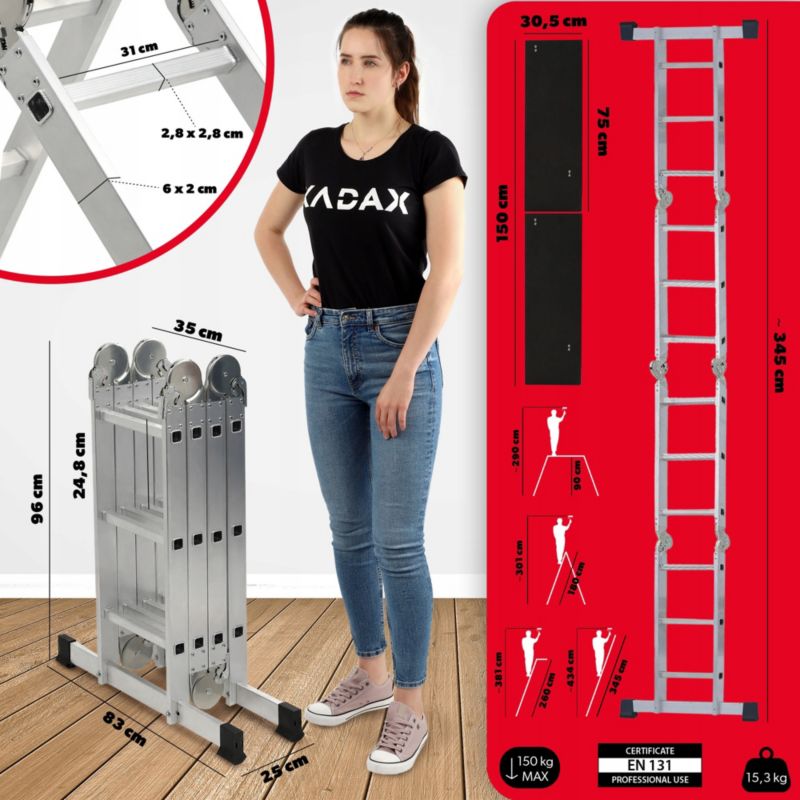 KADAX multifunktionel aluminiumsledestige 4x3 robust + arbejdsplatform 150 kg