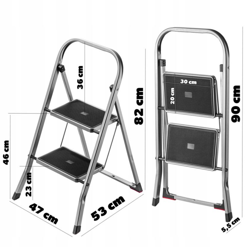 KADAX stålstige med 2 trin, foldbar, 150 kg belastning, praktisk til hjemmet