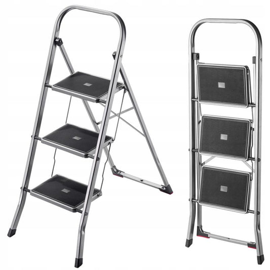 KADAX stålstige med 3 trin, foldbar, 150 kg kapacitet, til hjemmebrug