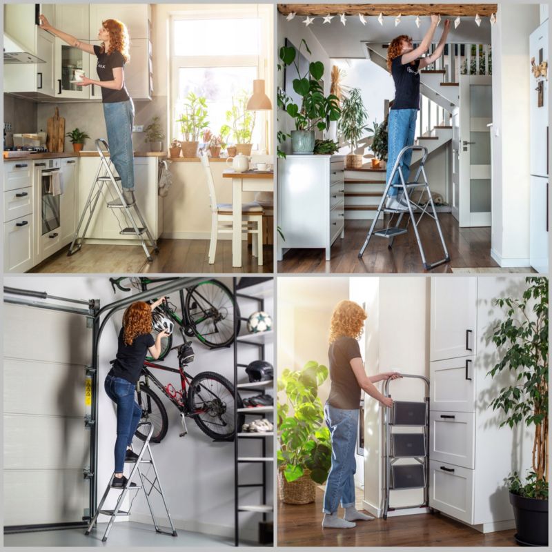 KADAX stålstige med 3 trin, foldbar, 150 kg kapacitet, til hjemmebrug