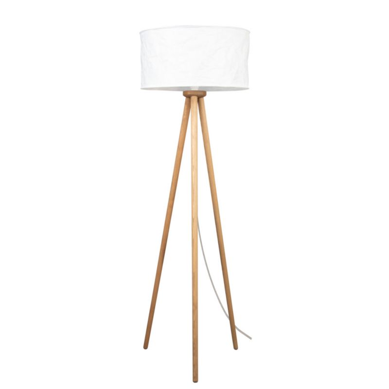 Gulvlampe i træ SPOT Light 1xE27 60W FSC-certificeret brun fyrretræ med hvidt stofskærm, polsk producent, 1 stk.
