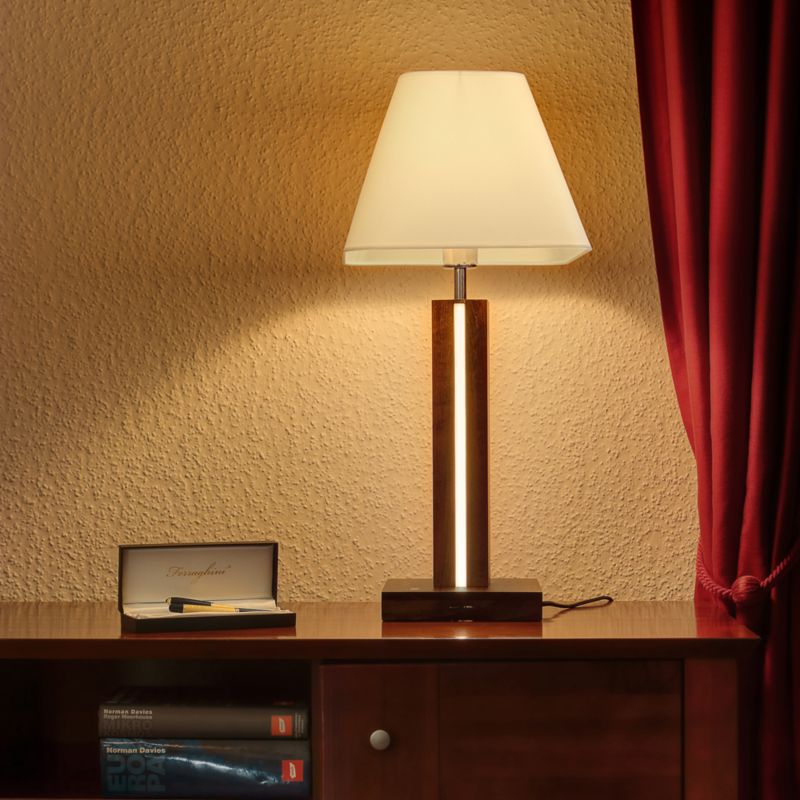 Træbordlampe SPOT Light 1xE27 Max. 25W, 2xLED 10,5W Bøgetræ med Valnøddefinish FSC og hvidt stofskærm, 1 stk.