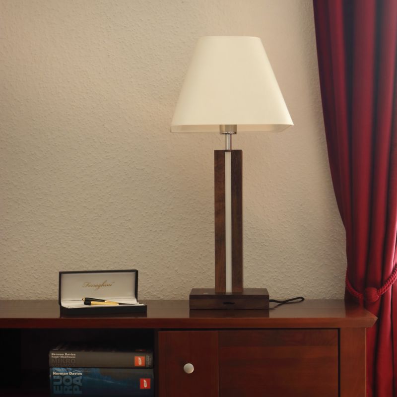 Træbordlampe SPOT Light 1xE27 Max. 25W, 2xLED 10,5W Bøgetræ med Valnøddefinish FSC og hvidt stofskærm, 1 stk.