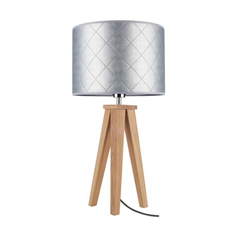 Træbordlampe SPOT Light 1xE27 Max. 60W Olieret Eg FSC med Sølvfarvet Stofskærm, Polsk Producent, 1 stk.