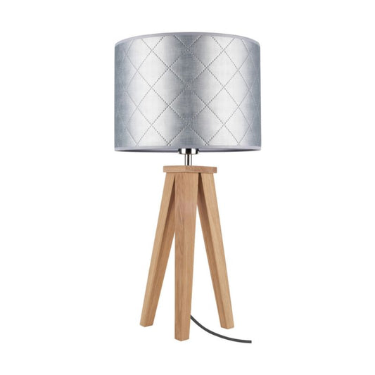 Træbordlampe SPOT Light 1xE27 Max. 60W Olieret Eg FSC med Sølvfarvet Stofskærm, Polsk Producent, 1 stk.
