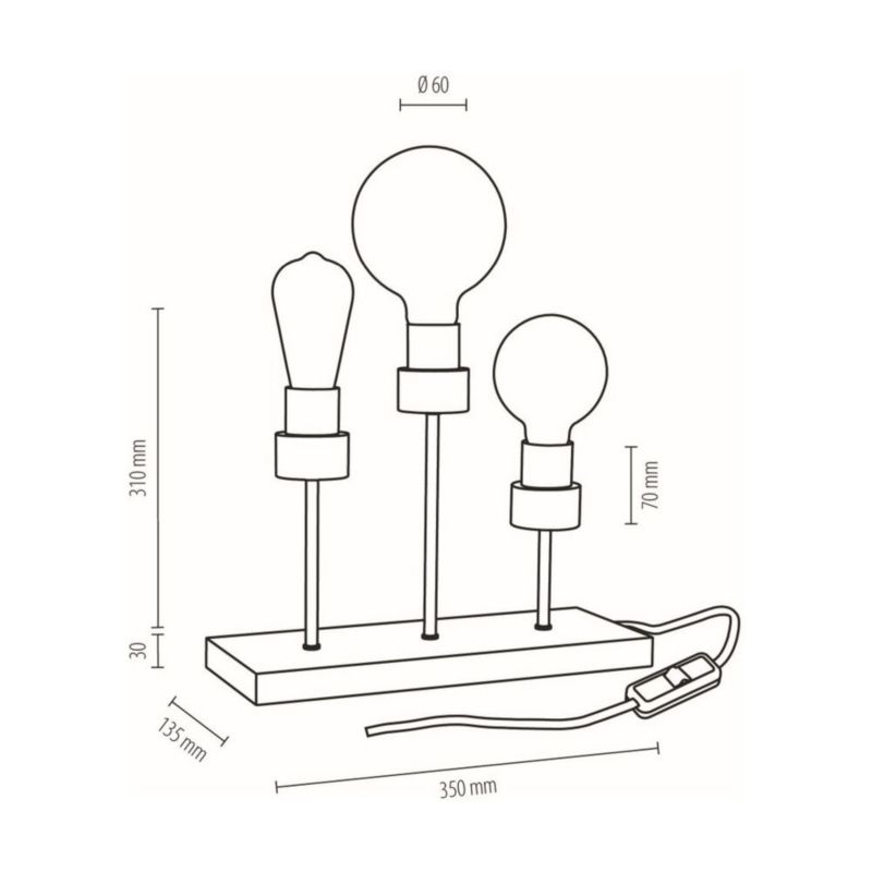 Træbordlampe SPOT Light 3xE27 Max 25W Olieret Eg FSC med Sorte Accenter, Polsk Producent, 1 stk.