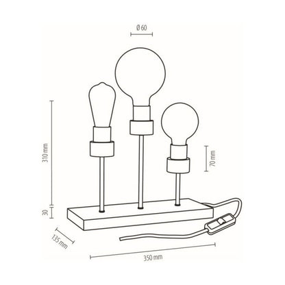 Træbordlampe SPOT Light 3xE27 Max 25W Olieret Eg FSC med Sorte Accenter, Polsk Producent, 1 stk.