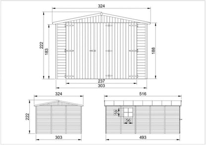 Timbela trægarage til haven 15 m² M101 i naturligt træ, brædder 17 mm, 1 stk.
