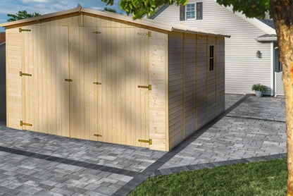 Timbela trægarage til haven 15 m² M101 i naturligt træ, brædder 17 mm, 1 stk.